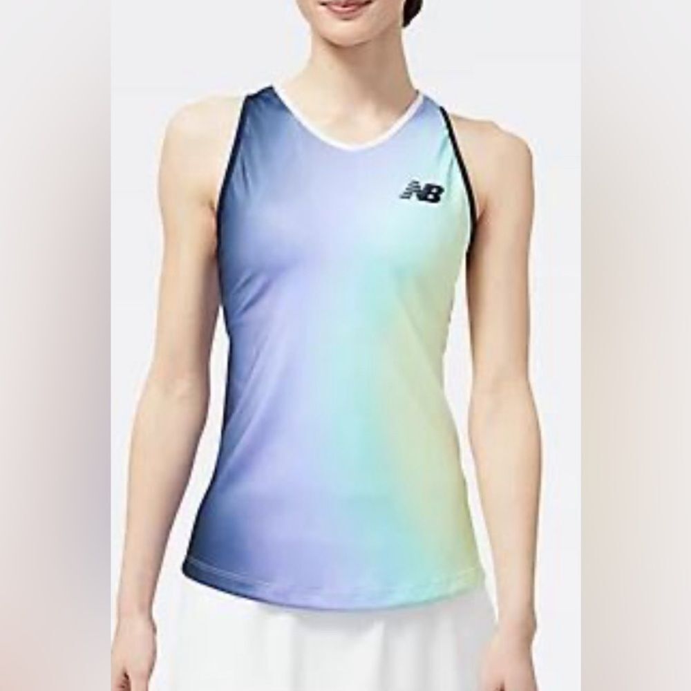 NWT New Balance Women Printed Tournament V-Neck Tank, Size L, Multi-Color Ombre